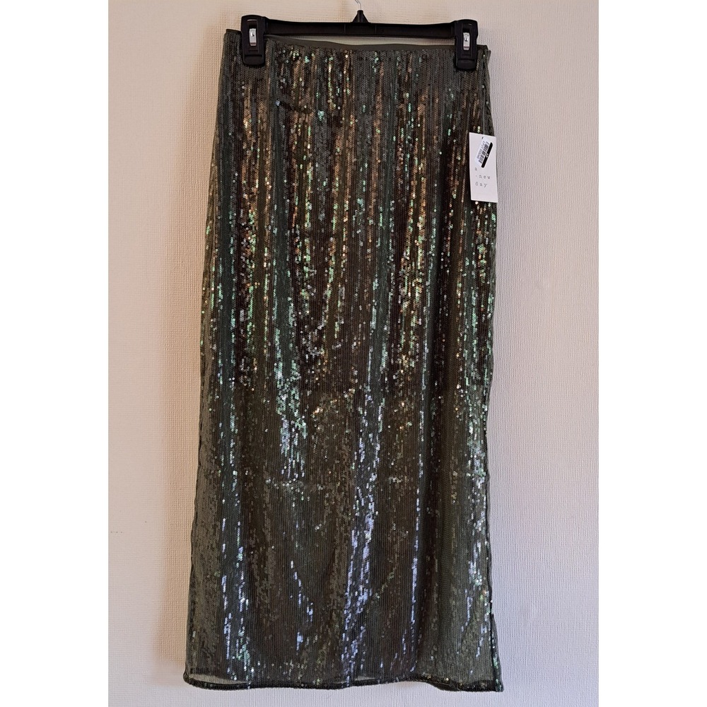 A New Day Sequin Midi Skirt Womens Small Olive NEW Sparkle Party 1122-320-B4